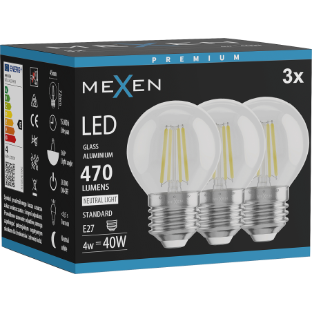 Mexen Vintis 3x Декоративна LED крушка E27, G45, 4W, Неутрална - 4000K, 470 lm, прозрачна -