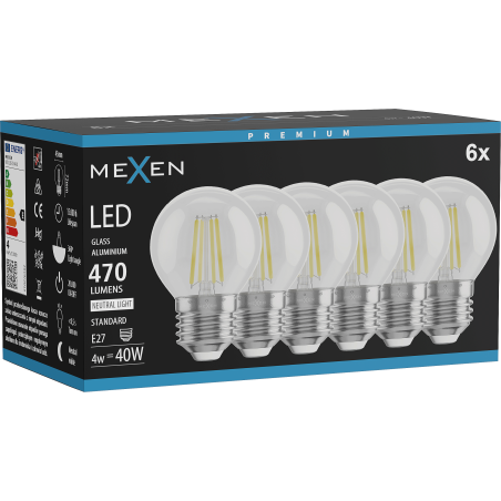 Mexen Vintis 6x LED нажежаема крушка E27, G45, 4W, неутрална - 4000K, 470 lm, прозрачна -