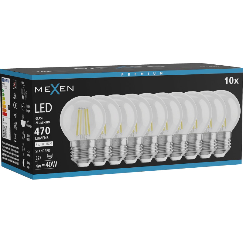 Mexen Vintis 10x LED филамент крушка E27, G45, 4W, неутрална - 4000K, 470 lm, прозрачна -