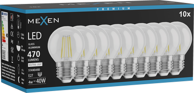 Mexen Vintis 10x LED филамент крушка E27, G45, 4W, неутрална - 4000K, 470 lm, прозрачна -