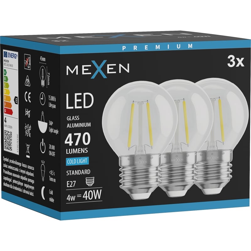 Mexen Vintis 3x LED нажежаема крушка E27, G45, 4W, Студена - 6500K, 470 lm, прозрачна
