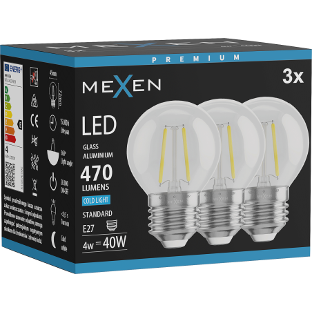 Mexen Vintis 3x LED нажежаема крушка E27, G45, 4W, Студена - 6500K, 470 lm, прозрачна