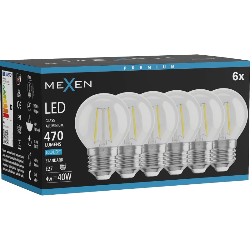 Mexen Vintis 6x LED нажежаема жичка крушка E27, G45, 4W, Студена - 6500K, 470 lm, прозрачна