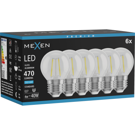 Mexen Vintis 6x LED нажежаема жичка крушка E27, G45, 4W, Студена - 6500K, 470 lm, прозрачна