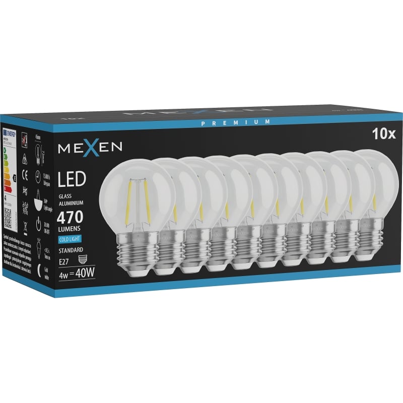 Mexen Vintis 10x LED нажежаема лампа E27, G45, 4W, Студена - 6500K, 470 lm, прозрачна
