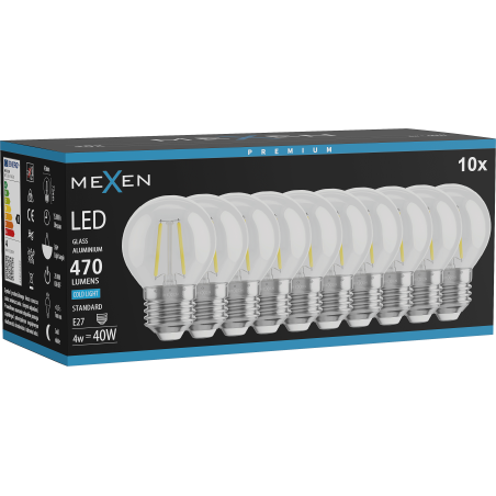 Mexen Vintis 10x LED нажежаема лампа E27, G45, 4W, Студена - 6500K, 470 lm, прозрачна