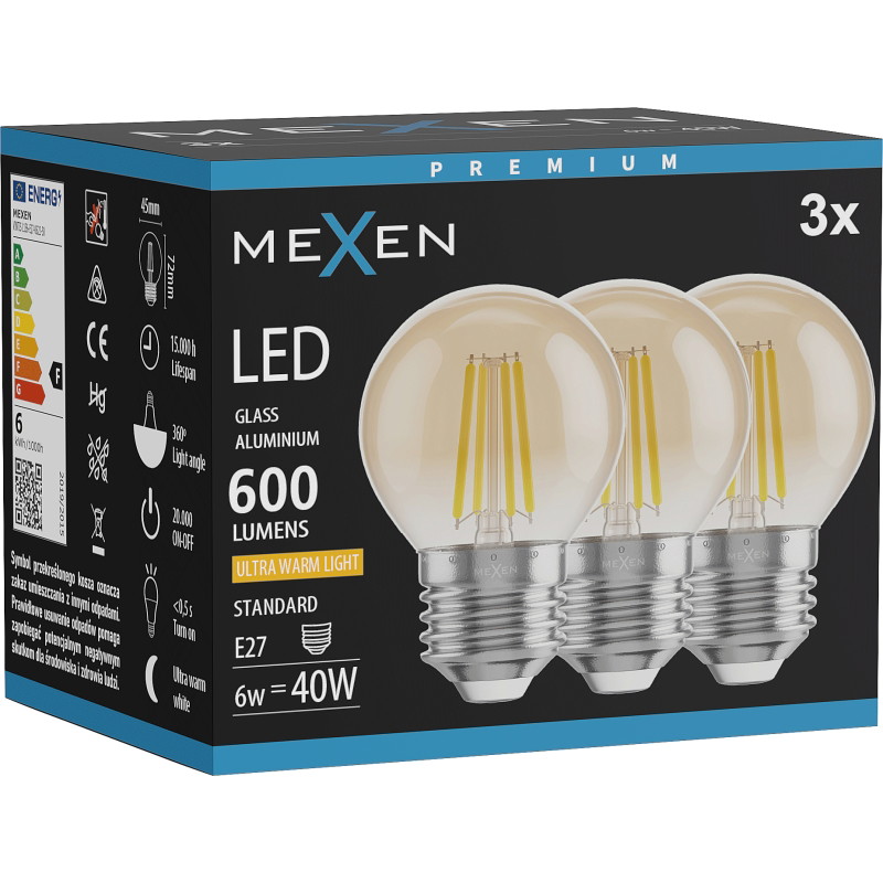 Mexen Vintis 3x LED нажежаема жичка E27, G45, 6W, Топло - 2200K, 600 lm, кехлибар