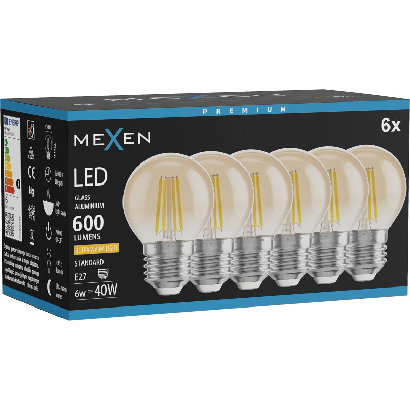 Mexen Vintis 6x LED крушка с нажежаема жичка E27, G45, 6W, Топла - 2200K, 600 lm, кехлибар