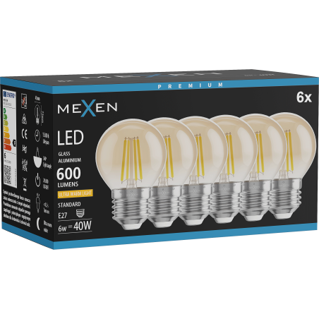 Mexen Vintis 6x LED крушка с нажежаема жичка E27, G45, 6W, Топла - 2200K, 600 lm, кехлибар