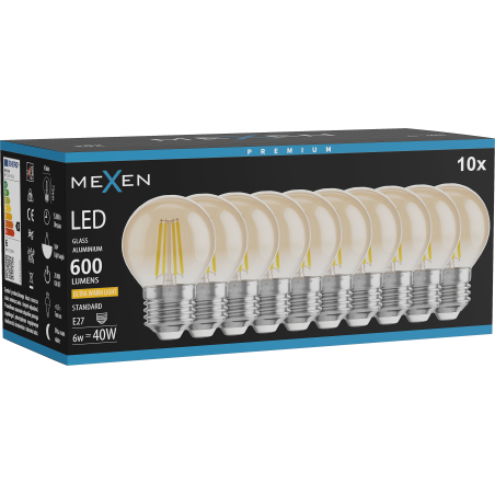 Mexen Vintis 10x LED филаментна крушка E27, G45, 6W, Топла - 2200K, 600 lm, кехлибар