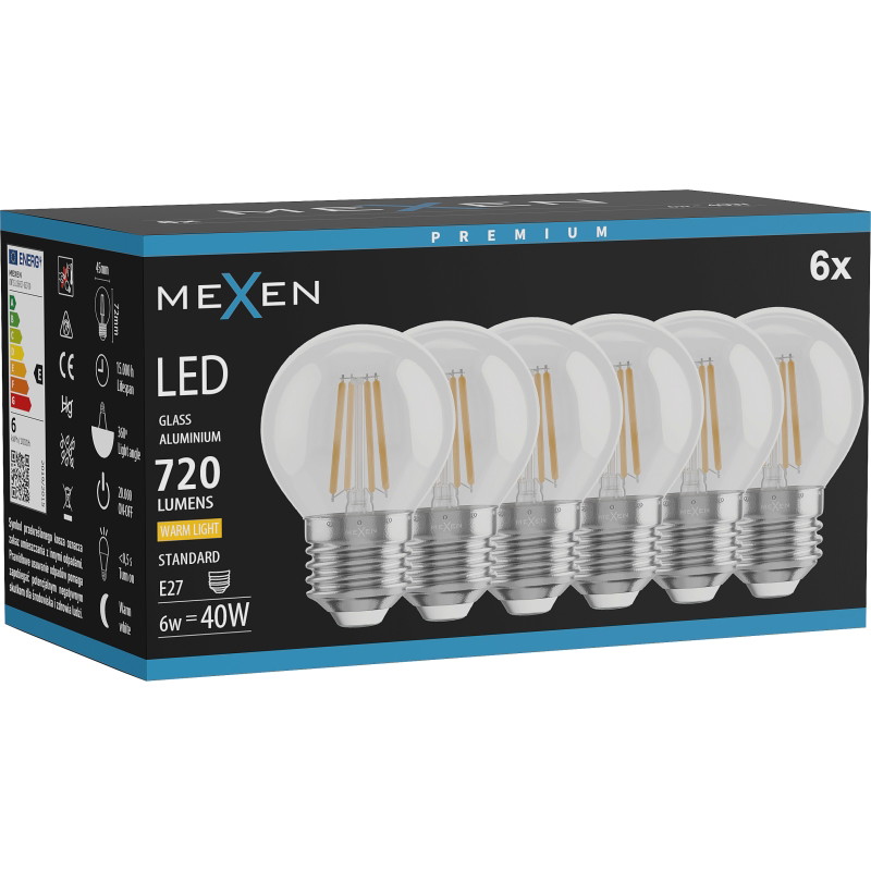 Mexen Vintis 6x LED филамент крушка E27, G45, 6W, Топло - 2700K, 720 lm, прозрачно
