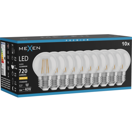 Mexen Vintis 10x LED филамент крушка E27, G45, 6W, Топла - 2700K, 720 lm, прозрачен