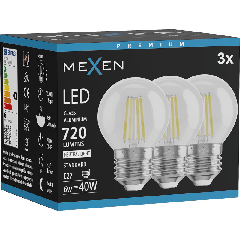 Mexen Vintis 3x LED нажежаема жичка крушка E27, G45, 6W, Неутрална - 4000K, 720 lm,
