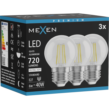 Mexen Vintis 3x LED нажежаема жичка крушка E27, G45, 6W, Неутрална - 4000K, 720 lm,