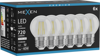 Mexen Vintis 6x LED филaментна крушка E27, G45, 6W, неутрална - 4000K, 720 lm, прозрачна -