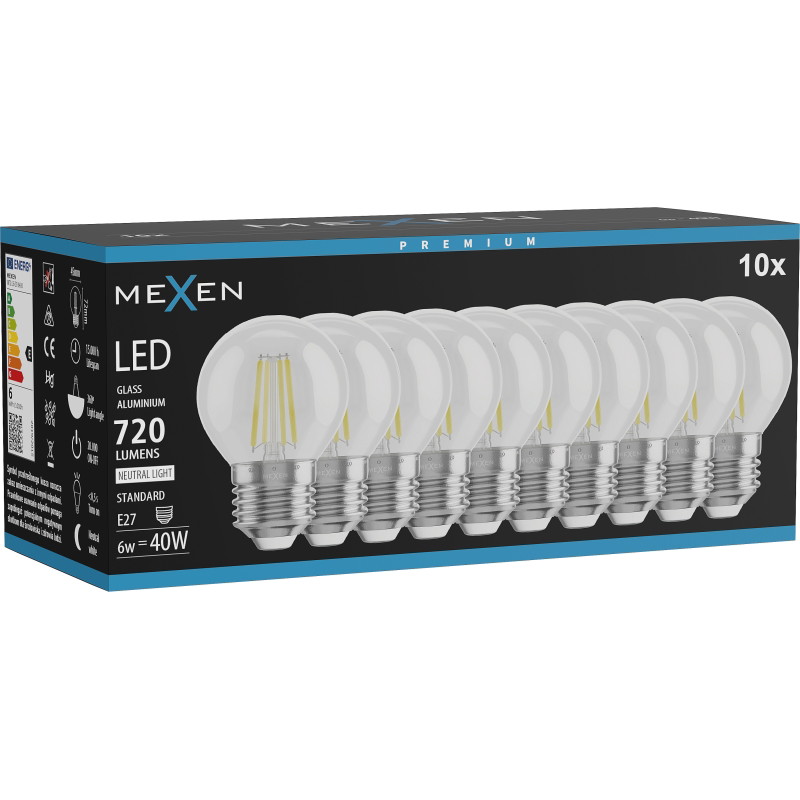 Mexen Vintis 10x LED нажежаема жичка крушка E27, G45, 6W, Неутрална - 4000K, 720 lm,