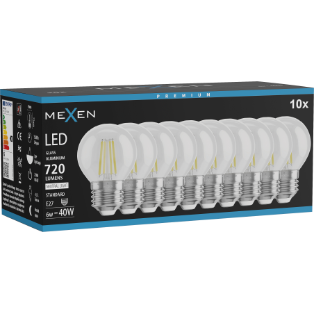 Mexen Vintis 10x LED нажежаема жичка крушка E27, G45, 6W, Неутрална - 4000K, 720 lm,