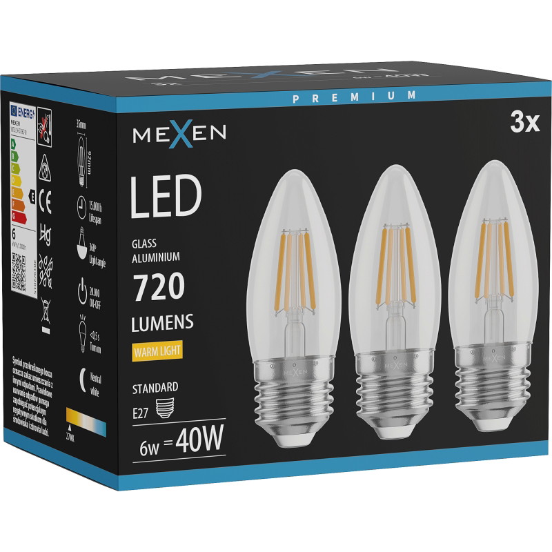 Mexen Vintis 3x LED крушка с нажежаем конец E27, C35, 6W, Топло - 2700K, 720 lm, прозрачно