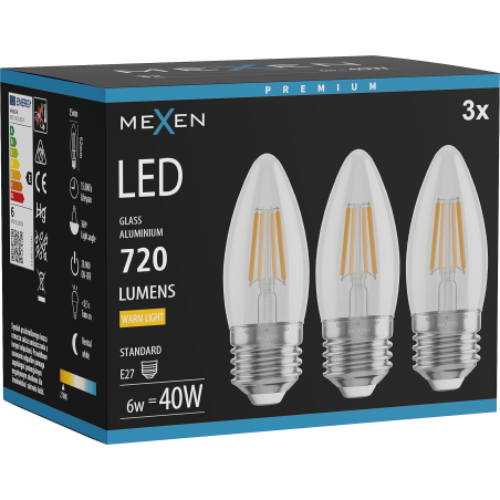 Mexen Vintis 3x LED крушка с нажежаем конец E27, C35, 6W, Топло - 2700K, 720 lm, прозрачно
