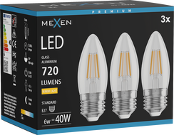 Mexen Vintis 3x LED крушка с нажежаем конец E27, C35, 6W, Топло - 2700K, 720 lm, прозрачно