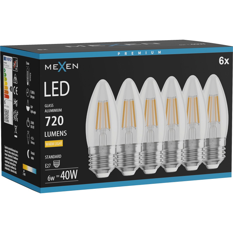 Mexen Vintis 6x LED крушка с нажежаема жичка E27, C35, 6W, Топла - 2700K, 720 lm, прозрачна
