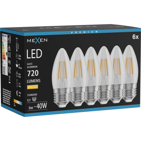 Mexen Vintis 6x LED крушка с нажежаема жичка E27, C35, 6W, Топла - 2700K, 720 lm, прозрачна