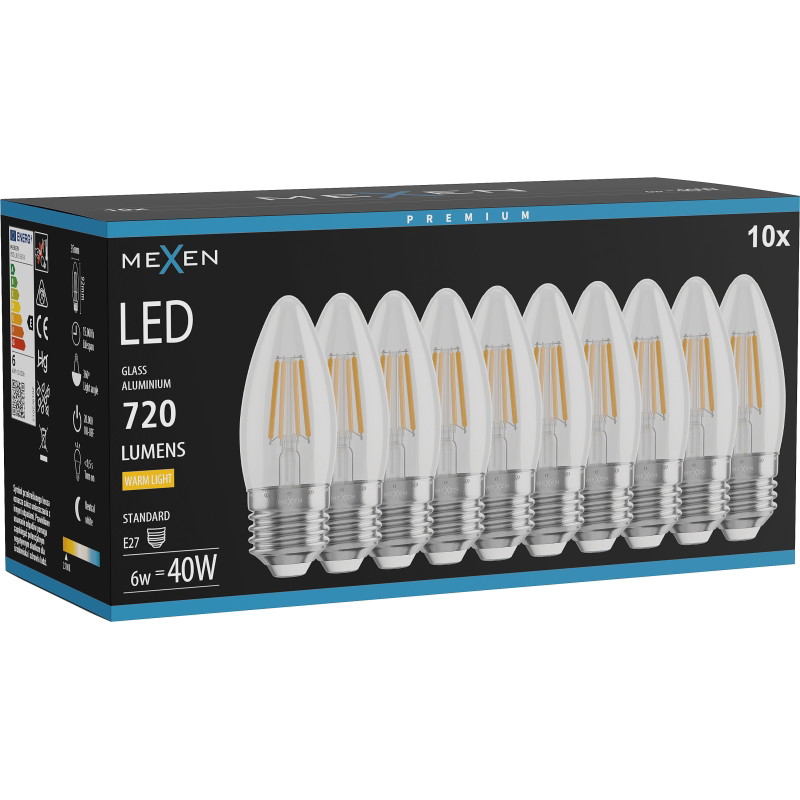 Mexen Vintis 10x LED филаментна крушка E27, C35, 6W, Топла - 2700K, 720 lm, чиста