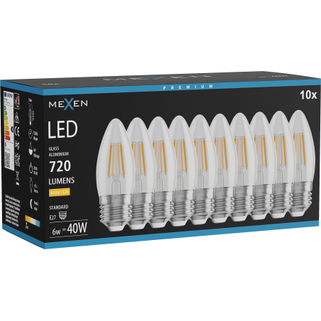 Mexen Vintis 10x LED филаментна крушка E27, C35, 6W, Топла - 2700K, 720 lm, чиста