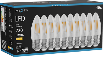 Mexen Vintis 10x LED филаментна крушка E27, C35, 6W, Топла - 2700K, 720 lm, чиста