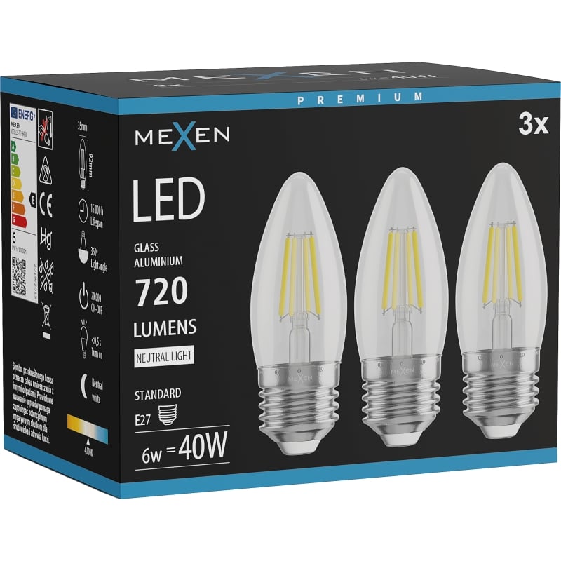 Mexen Vintis 3x LED крушка с нажежаема жичка E27, C35, 6W, Неутрална - 4000K, 720 lm,