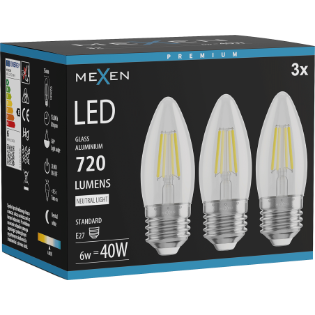 Mexen Vintis 3x LED крушка с нажежаема жичка E27, C35, 6W, Неутрална - 4000K, 720 lm,