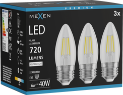 Mexen Vintis 3x LED крушка с нажежаема жичка E27, C35, 6W, Неутрална - 4000K, 720 lm,