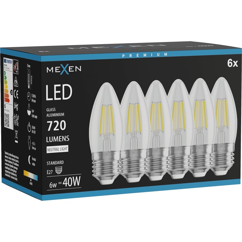 Mexen Vintis 6x LED филаментна крушка E27, C35, 6W, Неутрална - 4000K, 720 lm, прозрачна
