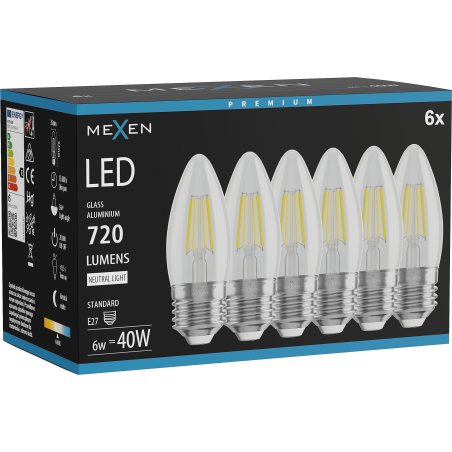 Mexen Vintis 6x LED филаментна крушка E27, C35, 6W, Неутрална - 4000K, 720 lm, прозрачна