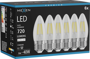 Mexen Vintis 6x LED филаментна крушка E27, C35, 6W, Неутрална - 4000K, 720 lm, прозрачна