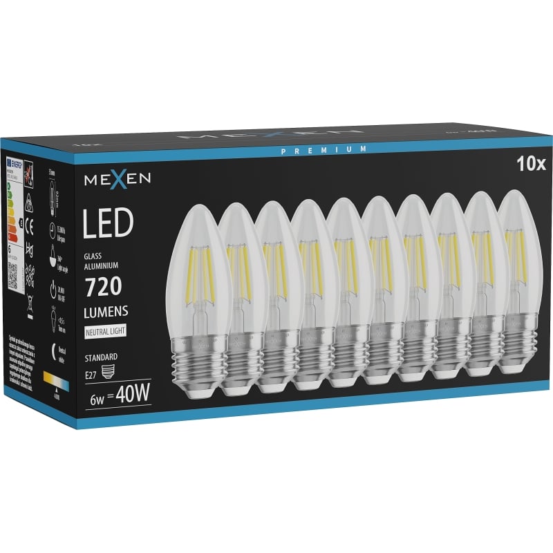 Mexen Vintis 10x LED крушка с нажежаема жичка E27, C35, 6W, Неутрална - 4000K, 720 lm,