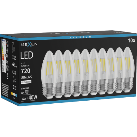 Mexen Vintis 10x LED крушка с нажежаема жичка E27, C35, 6W, Неутрална - 4000K, 720 lm,