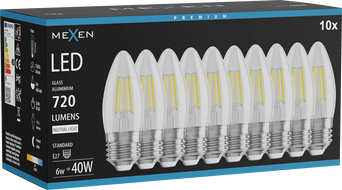 Mexen Vintis 10x LED крушка с нажежаема жичка E27, C35, 6W, Неутрална - 4000K, 720 lm,
