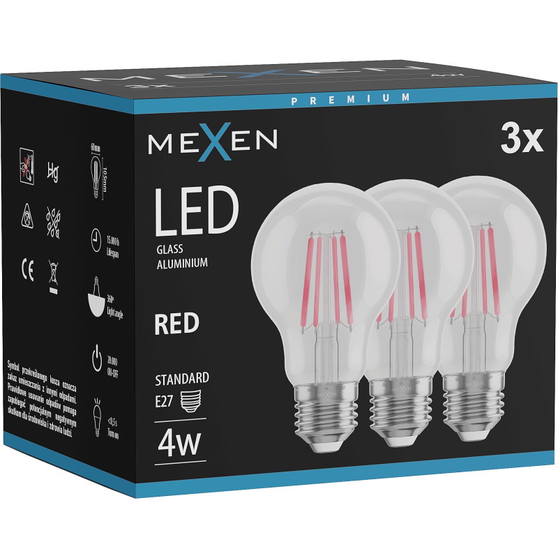 Mexen Vintis 3x LED филамент крушка E27, A60, 4W, 55 lm, червена - L150-E27-04XX-45x03