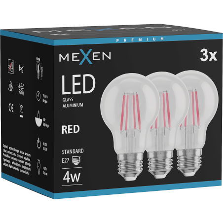 Mexen Vintis 3x LED филамент крушка E27, A60, 4W, 55 lm, червена - L150-E27-04XX-45x03