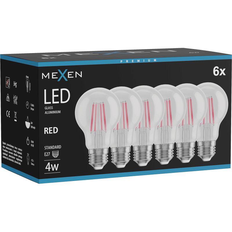 Mexen Vintis 6x LED филaментна крушка E27, A60, 4W, 55 lm, червена - L150-E27-04XX-45x06