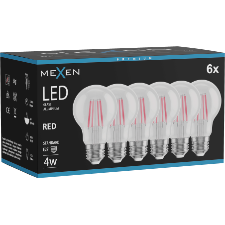 Mexen Vintis 6x LED филaментна крушка E27, A60, 4W, 55 lm, червена - L150-E27-04XX-45x06