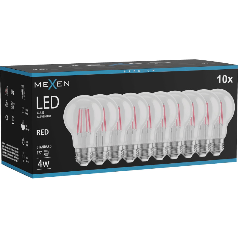 Mexen Vintis 10x LED филаментни крушки E27, A60, 4W, 55 lm, червени - L150-E27-04XX-45x10