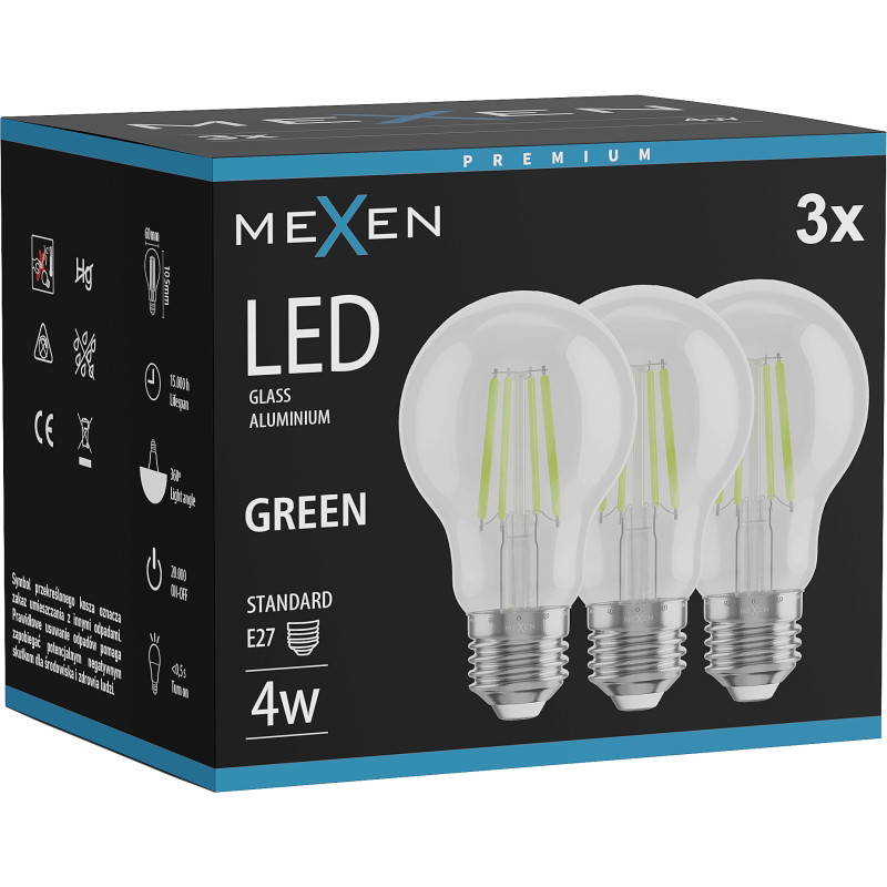 Mexen Vintis 3x LED филамент крушка E27, A60, 4W, 55 lm, зелена - L150-E27-04XX-46x03