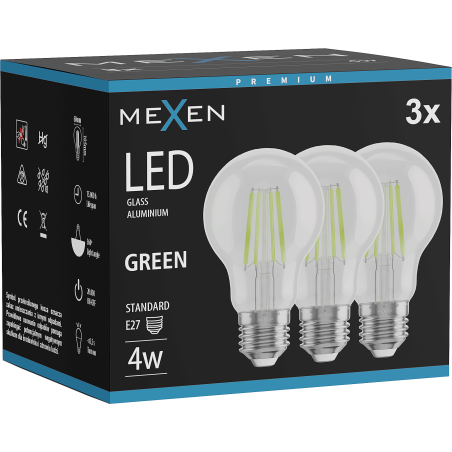 Mexen Vintis 3x LED филамент крушка E27, A60, 4W, 55 lm, зелена - L150-E27-04XX-46x03