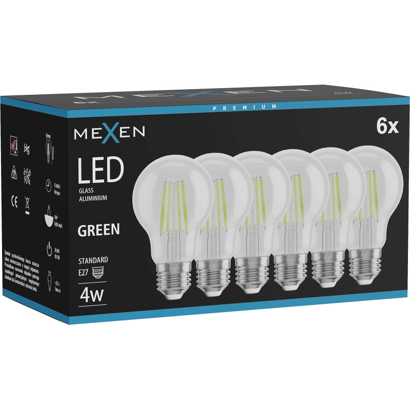 Mexen Vintis 6x LED нажежаема крушка E27, A60, 4W, 55 lm, зелена - L150-E27-04XX-46x06