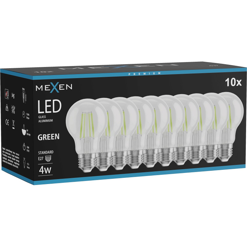 Mexen Vintis 10x LED филаментна крушка E27, A60, 4W, 55 lm, зелена - L150-E27-04XX-46x10