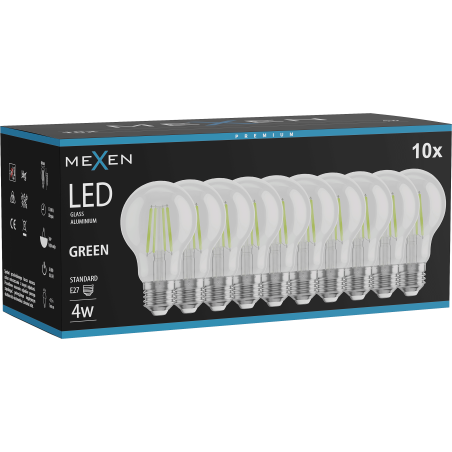 Mexen Vintis 10x LED филаментна крушка E27, A60, 4W, 55 lm, зелена - L150-E27-04XX-46x10