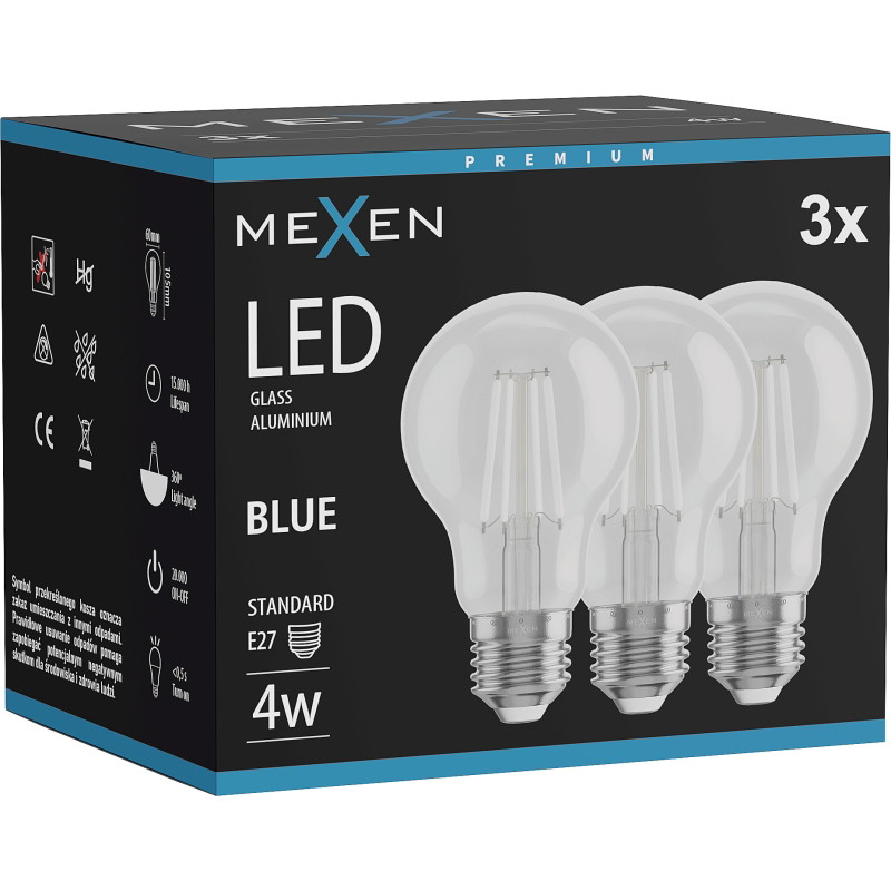 Mexen Vintis 3x LED нажежаема крушка E27, A60, 4W, 55 lm, синя - L150-E27-04XX-47x03