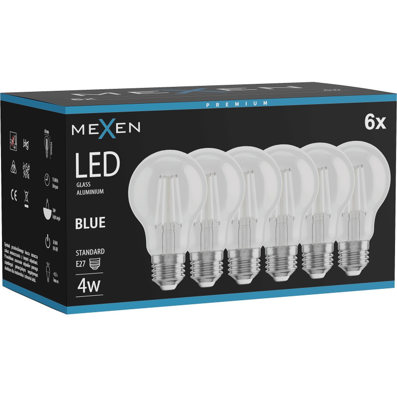 Mexen Vintis 6x LED филаментна крушка E27, A60, 4W, 55 lm, синя - L150-E27-04XX-47x06